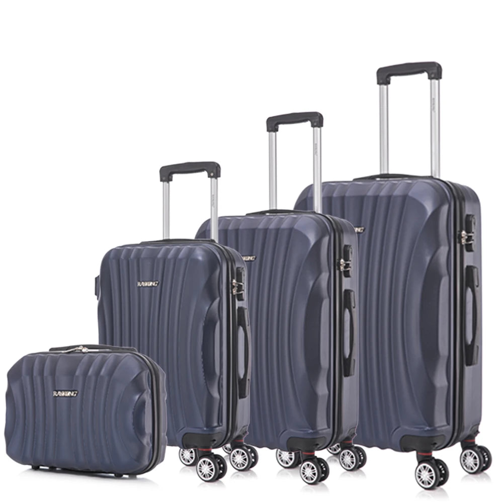 Juego de maletas rígidas de ABS de 4 piezas que incluye una maleta de cabina de 55 cm, una maleta mediana de 68 cm, una maleta grande de 78 cm y un neceser de 29 cm en varios colores, con ruedas giratorias de 360° para facilitar el transporte.