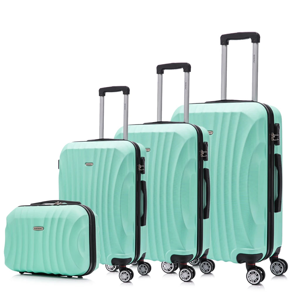 Juego de maletas rígidas de ABS de 4 piezas que incluye una maleta de cabina de 55 cm, una maleta mediana de 68 cm, una maleta grande de 78 cm y un neceser de 29 cm en varios colores, con ruedas giratorias de 360° para facilitar el transporte.