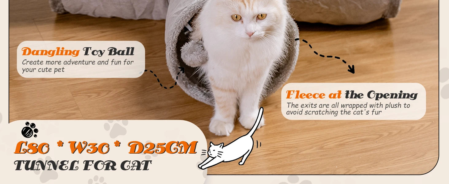 Nobleza - túnel para gatos de gamuza, túnel interior de 3 vías con 1 orificio y juguetes colgantes para gatos con forma de bola, color gris.