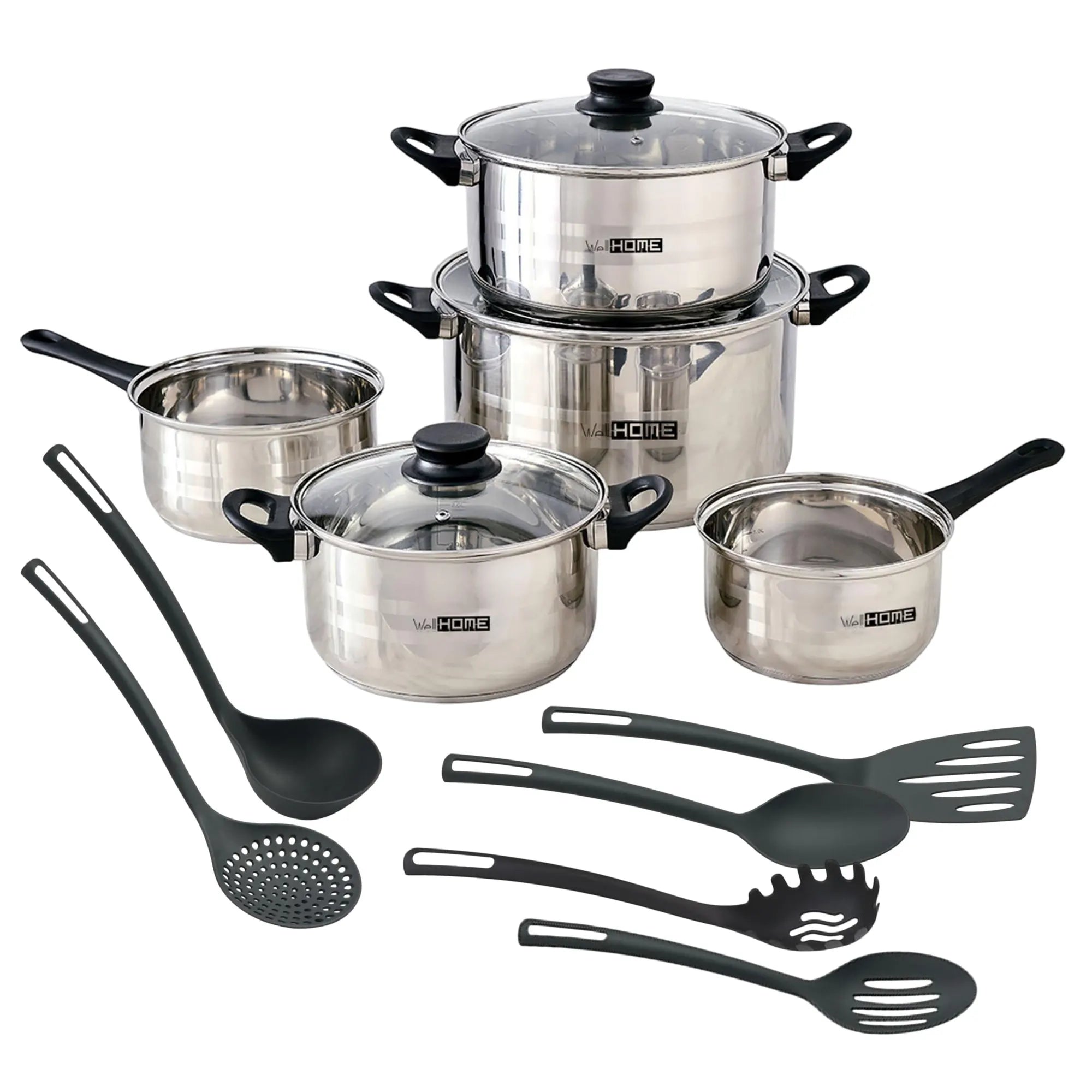 Juego de ollas y sartenes Well Home de 8 piezas en acero inoxidable con 6 utensilios de cocina de PBT, mangos ergonómicos, compatible con inducción, diseño antiadherente, ideal para todo tipo de cocinas.