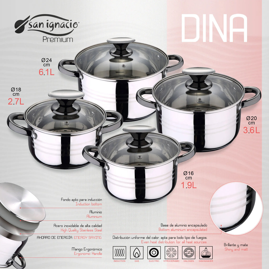 Juego de utensilios de cocina San Ignacio de 8 piezas en acero inoxidable para inducción, que incluye 4 ollas con tapas de vidrio (1,9 L-5,1 L) y 3 sartenes antiadherentes (Ø22-26 cm), perfectas para cocinar de manera eficiente y duradera.