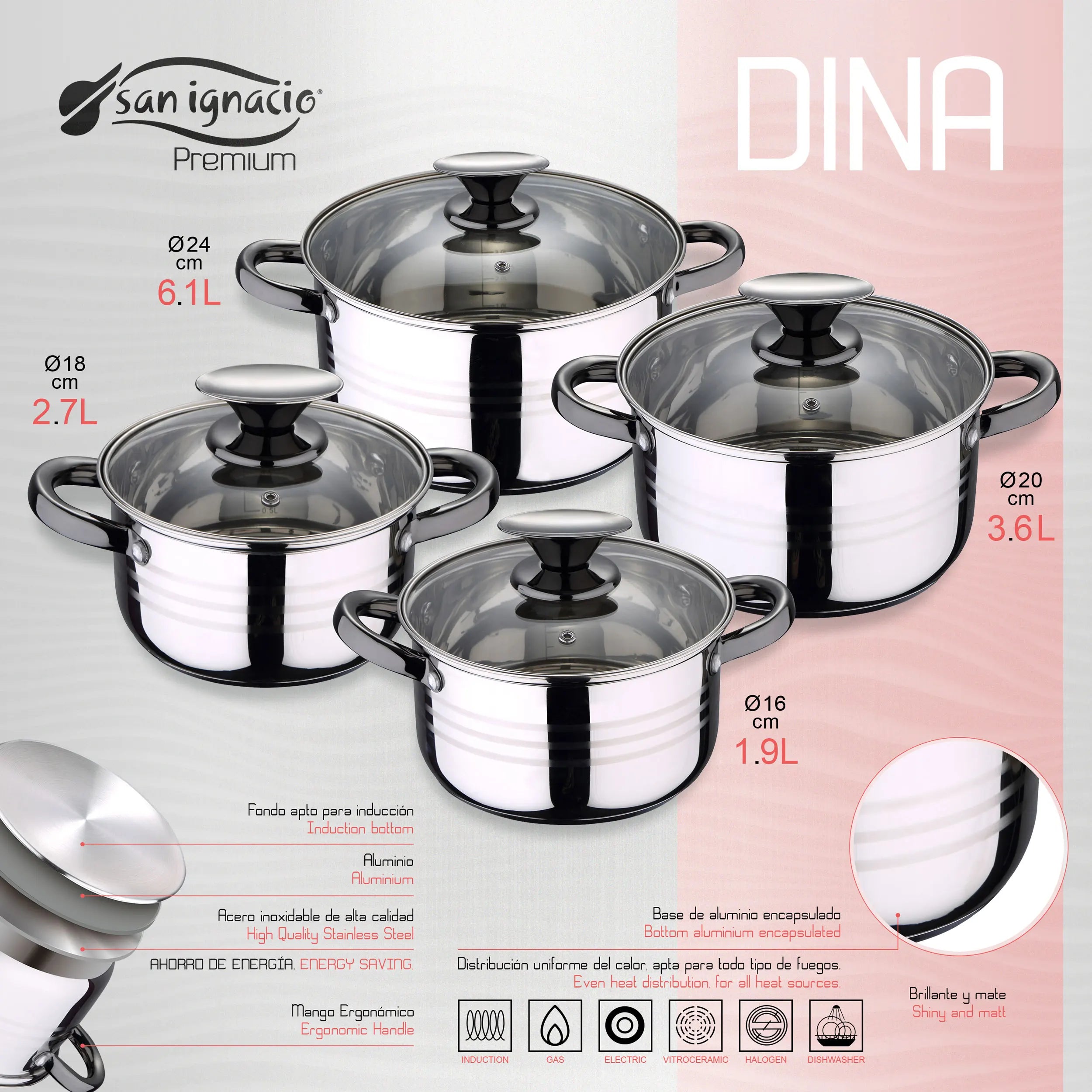 Juego de utensilios de cocina San Ignacio de 8 piezas en acero inoxidable para inducción, que incluye 4 ollas con tapas de vidrio (1,9 L-5,1 L) y 3 sartenes antiadherentes (Ø22-26 cm), perfectas para cocinar de manera eficiente y duradera.