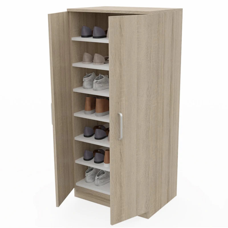 Zapatero Dormidan con 2 puertas para 21 pares, fabricado en melamina resistente, mide 50 cm de ancho, 108 cm de alto y 35 cm de profundidad, e incorpora bisagras metálicas y almohadillas antiarañazos para facilitar el acceso y proteger el suelo.