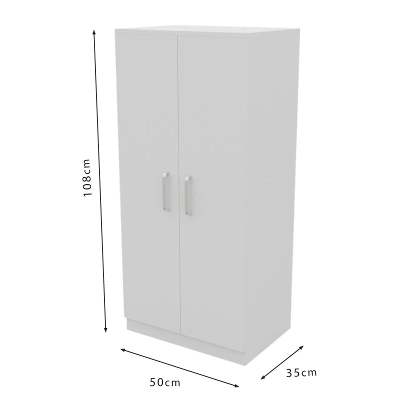 Zapatero Dormidan con 2 puertas para 21 pares, fabricado en melamina resistente, mide 50 cm de ancho, 108 cm de alto y 35 cm de profundidad, e incorpora bisagras metálicas y almohadillas antiarañazos para facilitar el acceso y proteger el suelo.