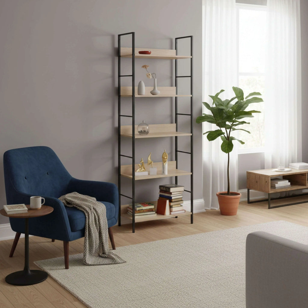 Librería Miroytengo Rubi con 5 baldas, roble cambriano y negro, 60x160x28 cm, fabricada en melamina y metal para una solución de almacenamiento moderna en la oficina o el salón.