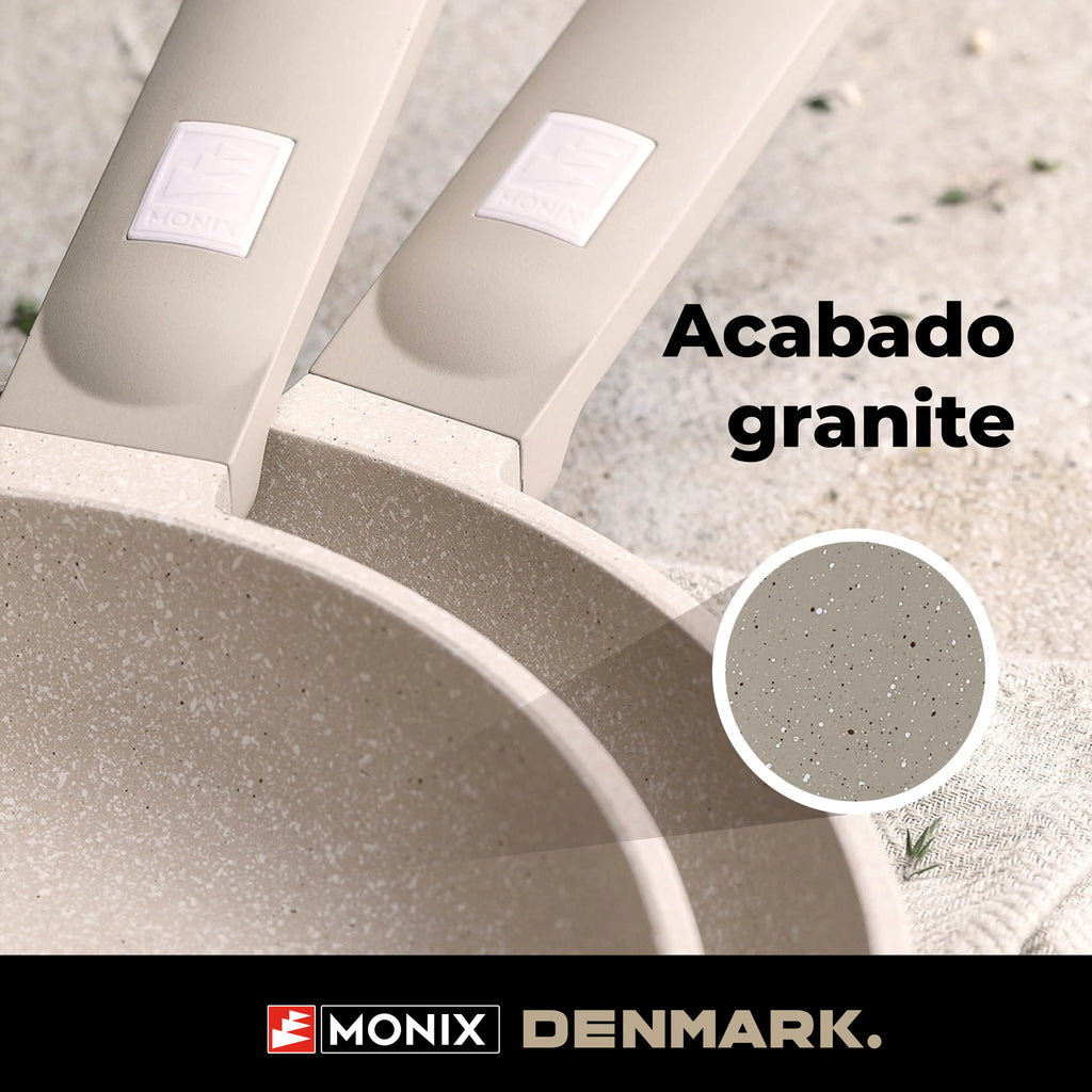 Juego de utensilios de cocina Monix Denmark de 9 piezas, fabricado en aluminio forjado antiadherente con asas desmontables, apto para inducción y horno, diseño moderno con revestimiento libre de PFOA, perfecto para la cocina diaria.