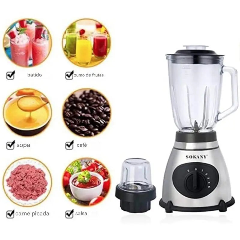 Licuadora Sokany 2 en 1 con jarra de vidrio de 1,5 L, 1300 W, acero inoxidable, 2 velocidades, capacidad para triturar hielo, ideal para batidos y sopas. Batidora eléctrica y mezcladora de alimentos para uso en la cocina.