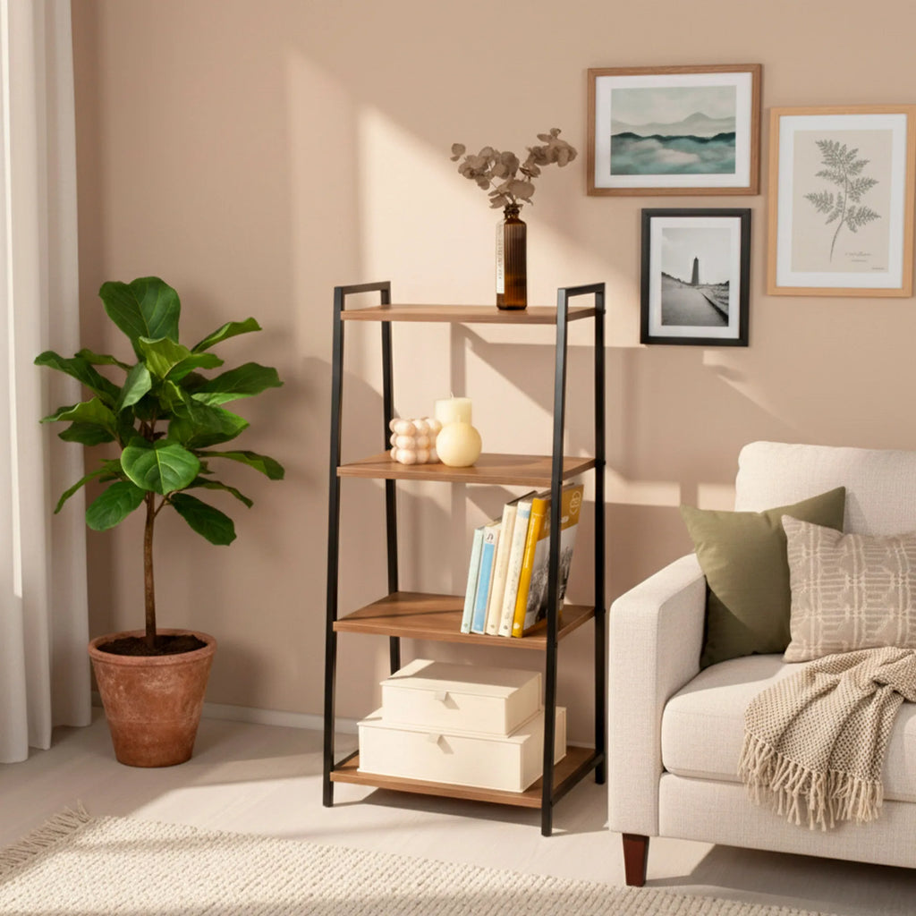 Estantería tipo escalera Max Home con 4 estantes, 43x30x90 cm, diseño en metal y madera, soporta 16 kg - Ideal para almacenamiento en sala de estar, baño y oficina, fácil montaje, estética industrial, solución de exhibición versátil.