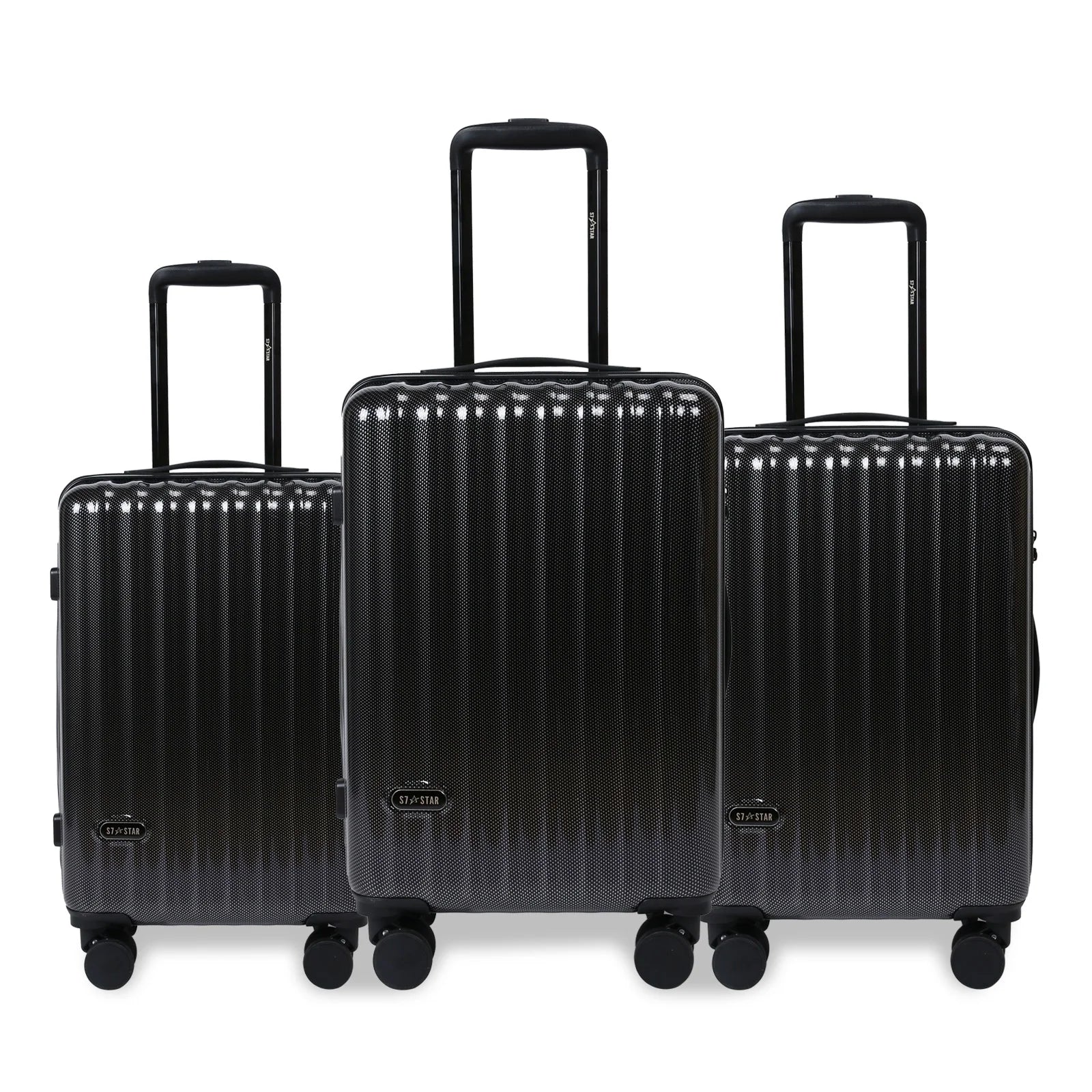Juego de maletas S7 STAR de 3 piezas, maletas rígidas de policarbonato duraderas con 4 ruedas giratorias silenciosas, tamaño cabina 20in + 24in + 28in, diseño moderno para viajes, certificado CE.
