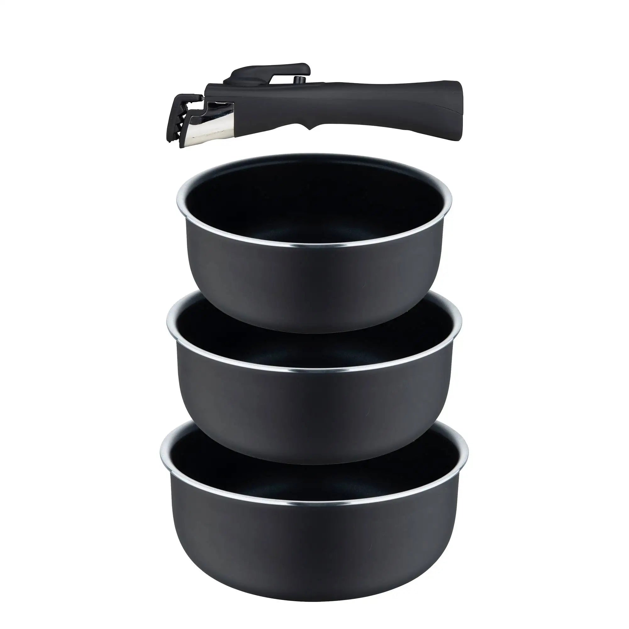 Juego de sartenes Bergner Click&Cook de 2 piezas, de Ø22 cm y Ø26 cm, con mango ergonómico desmontable, de aluminio prensado antiadherente, aptas para todo tipo de cocinas, incluida la de inducción, con diseño apilable que ahorra espacio.