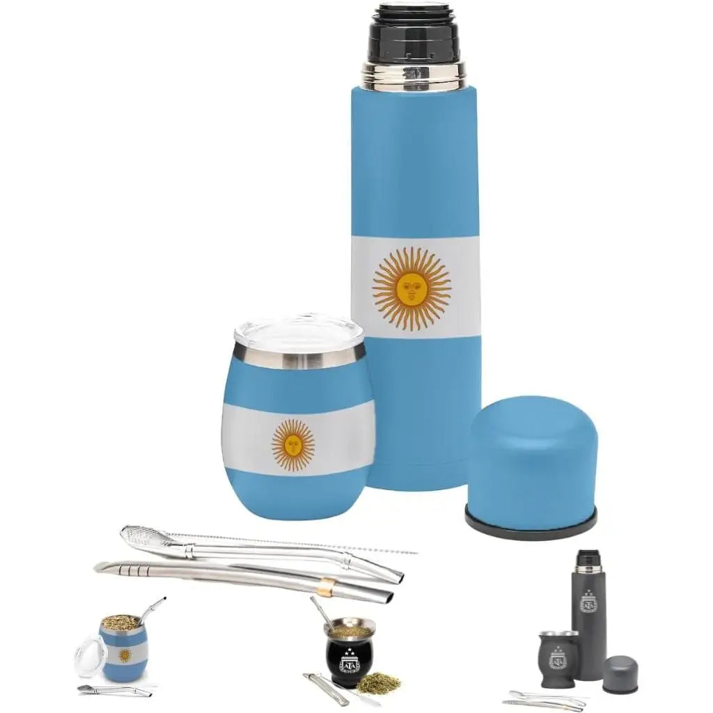 Aurum® Mate Argentino, set moderno completo con yerba mate, bombilla y calabaza, con termo de acero inoxidable para agua caliente. Ideal para disfrutar del mate tradicional en cualquier lugar, perfecto para compartir.