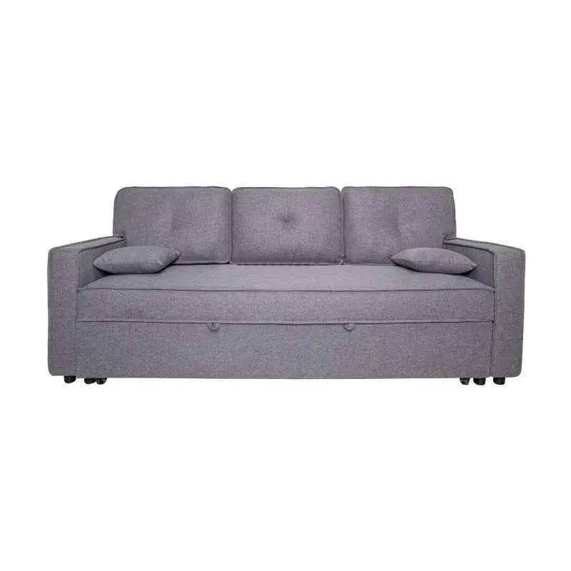 El sofá cama Dax en color gris, un cómodo y elegante sofá de 3 plazas con estructura de madera, relleno de espuma y sistema de apertura de la cama inferior extraíble, incluye dos cojines decorativos de 30x30 cm, ideal para salones modernos.
