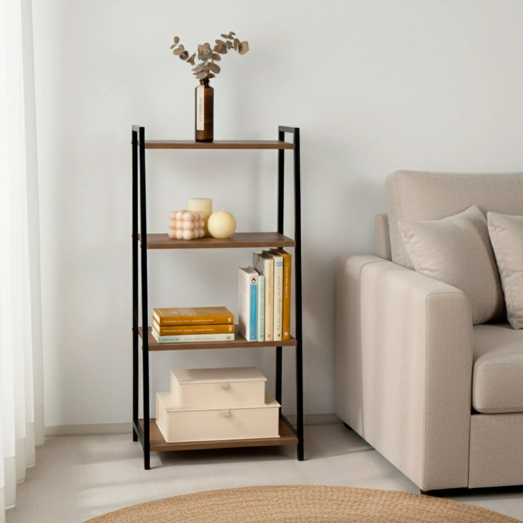 Estantería tipo escalera Max Home con 4 estantes, 43x30x90 cm, diseño en metal y madera, soporta 16 kg - Ideal para almacenamiento en sala de estar, baño y oficina, fácil montaje, estética industrial, solución de exhibición versátil.