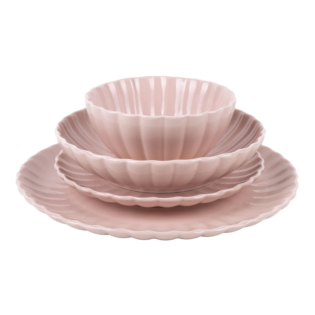 Juego de vajilla de porcelana Cofan en rosa nude | Vajilla completa de 16 piezas para 4 personas | Elegante diseño en relieve, apto para lavavajillas, microondas y horno.