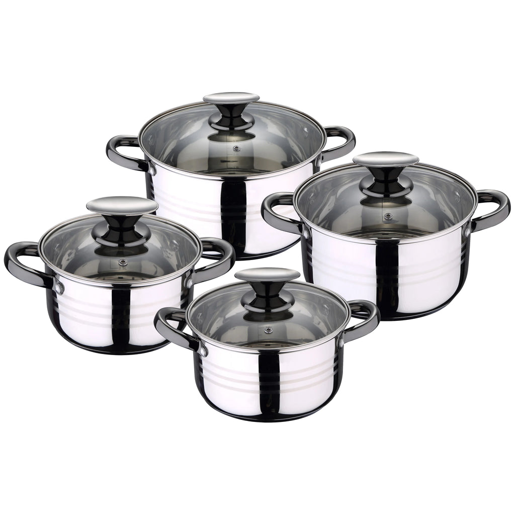 Juego de utensilios de cocina San Ignacio de 8 piezas en acero inoxidable para inducción, que incluye 4 ollas con tapas de vidrio (1,9 L-5,1 L) y 3 sartenes antiadherentes (Ø22-26 cm), perfectas para cocinar de manera eficiente y duradera.