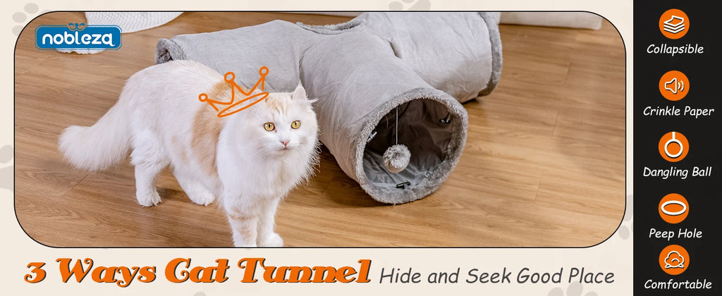 Nobleza - túnel para gatos de gamuza, túnel interior de 3 vías con 1 orificio y juguetes colgantes para gatos con forma de bola, color gris.