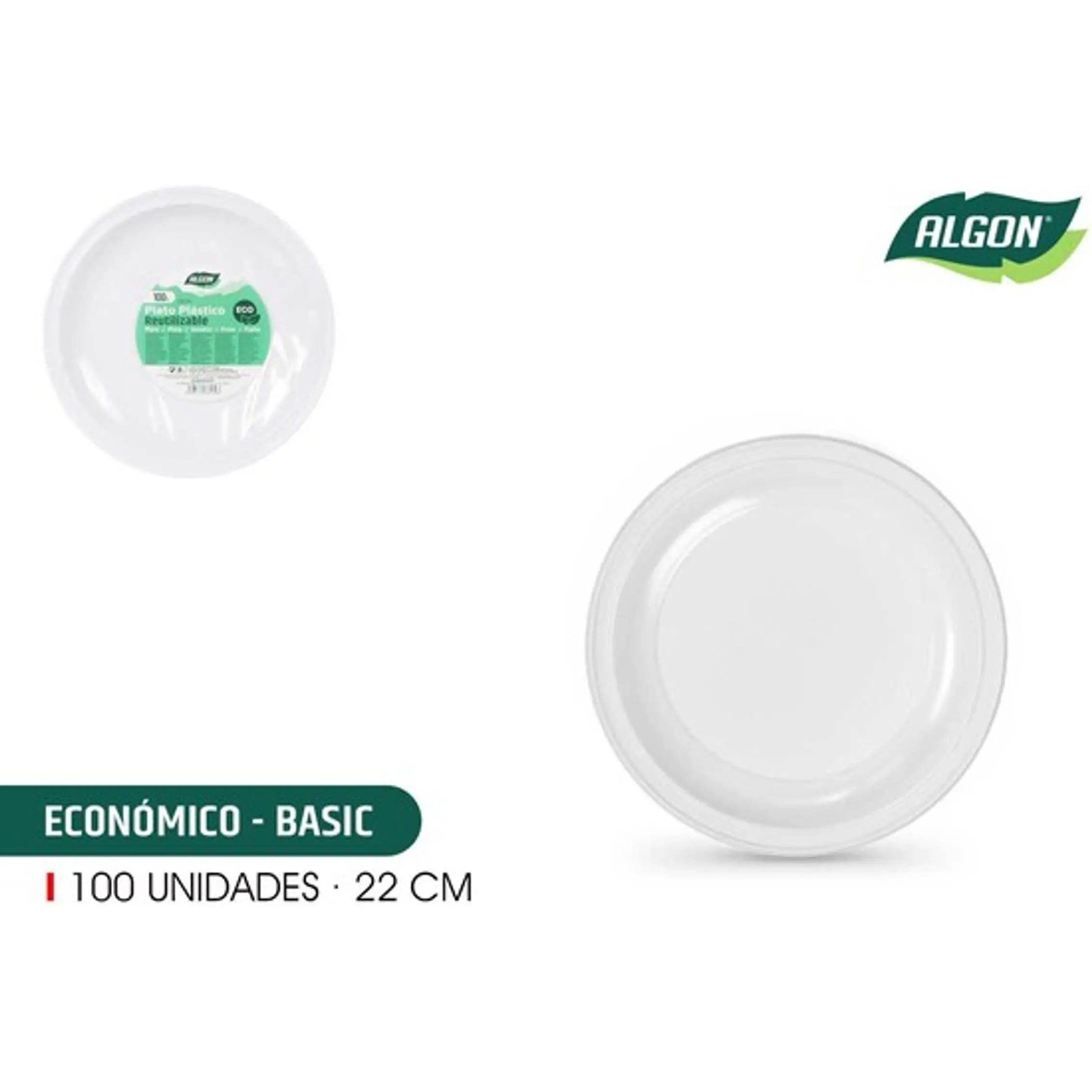 Juego de vajilla Algon, 100 unidades, 22 cm, cartón ecológico blanco, resistente y práctico, ideal para eventos y celebraciones, biodegradable.