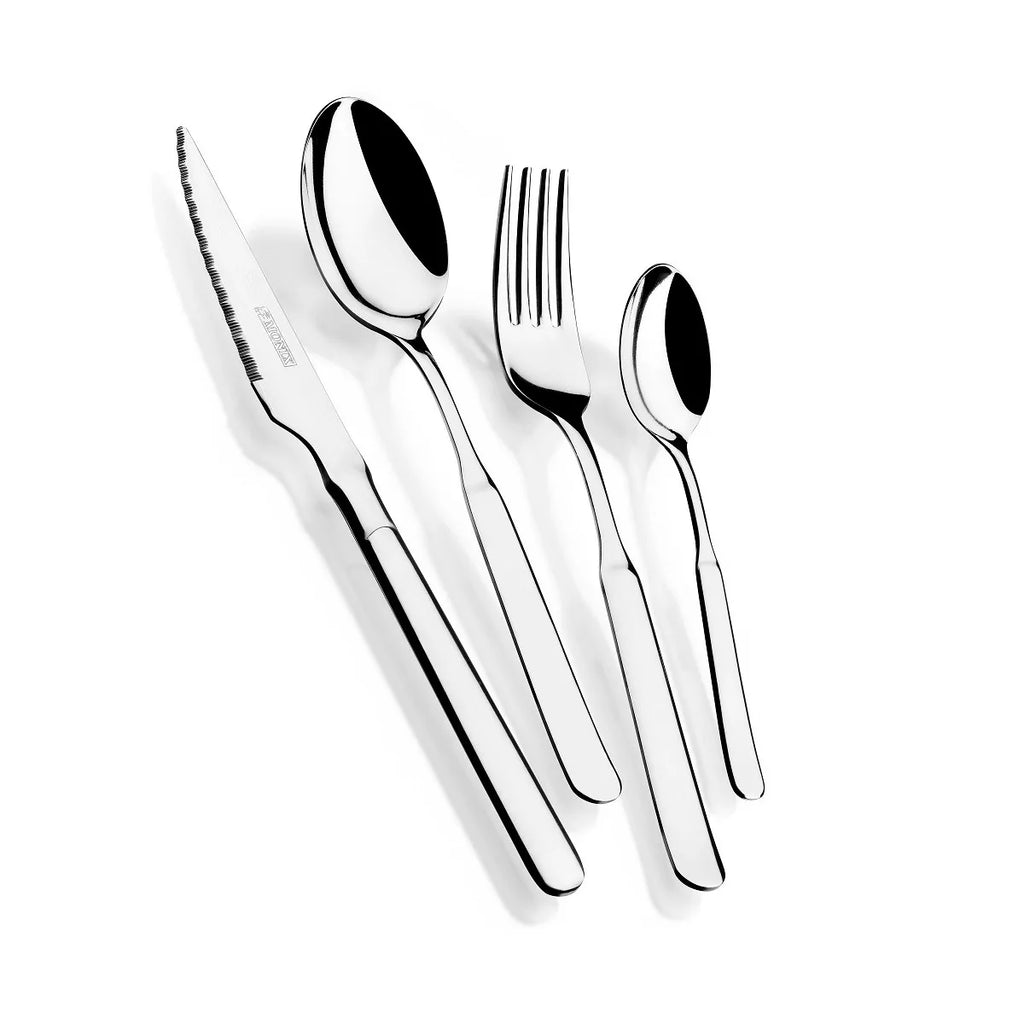 Monix Milan - Juego de cubiertos de acero inoxidable de 24 piezas con cuchillo de mesa, material 18/10, acabado pulido espejo, 2,5 mm de grosor para 6 personas, apto para lavavajillas, diseño contemporáneo.