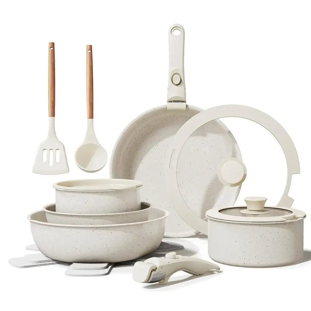 Juego de utensilios de cocina antiadherentes Almalux® con asas desmontables, 5 piezas de ollas y sartenes, revestimiento de granito ecológico, diseño apilable, compatible con inducción, apto para lavavajillas, ideal para cocinar ahorrando espacio.
