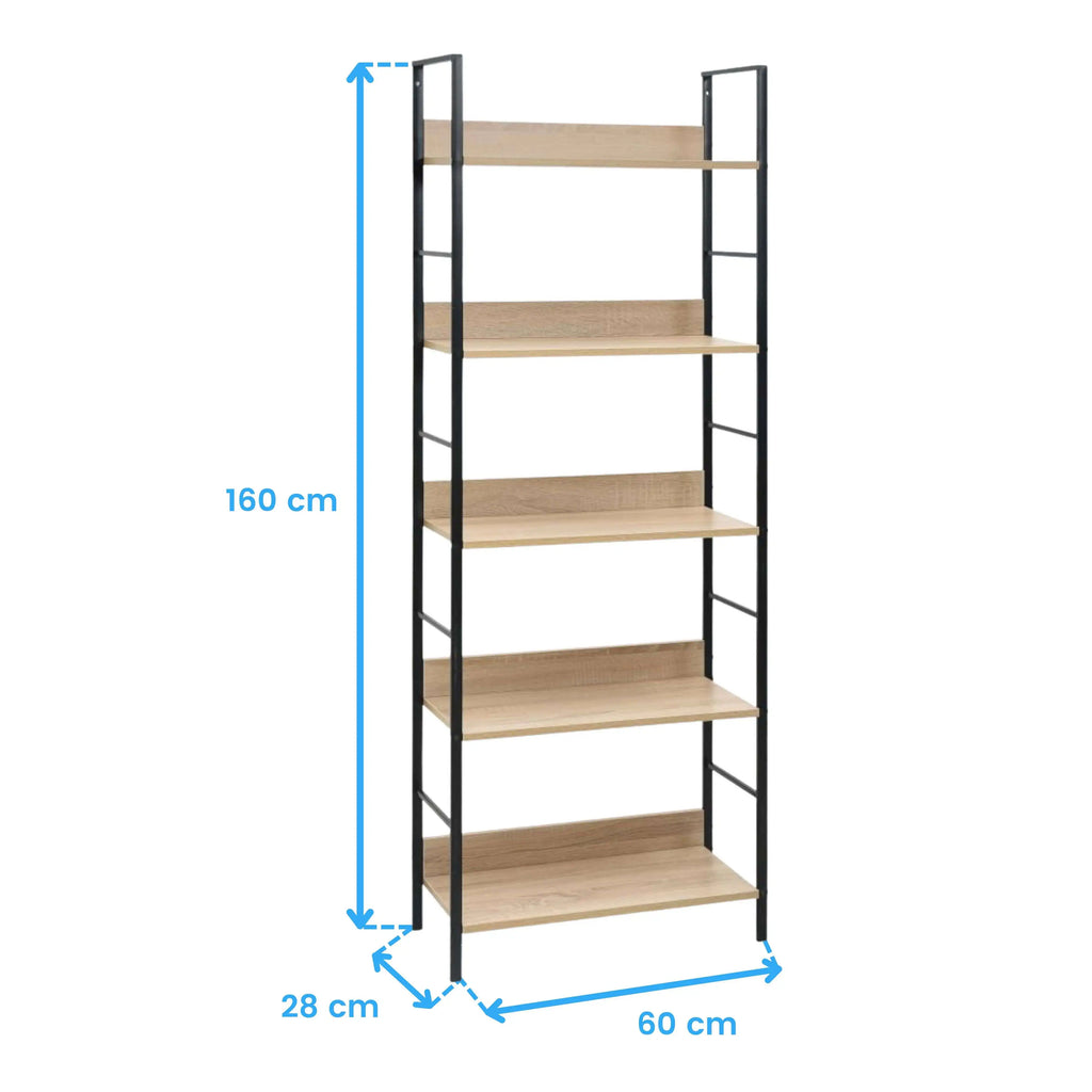 Librería Miroytengo Rubi con 5 baldas, roble cambriano y negro, 60x160x28 cm, fabricada en melamina y metal para una solución de almacenamiento moderna en la oficina o el salón.