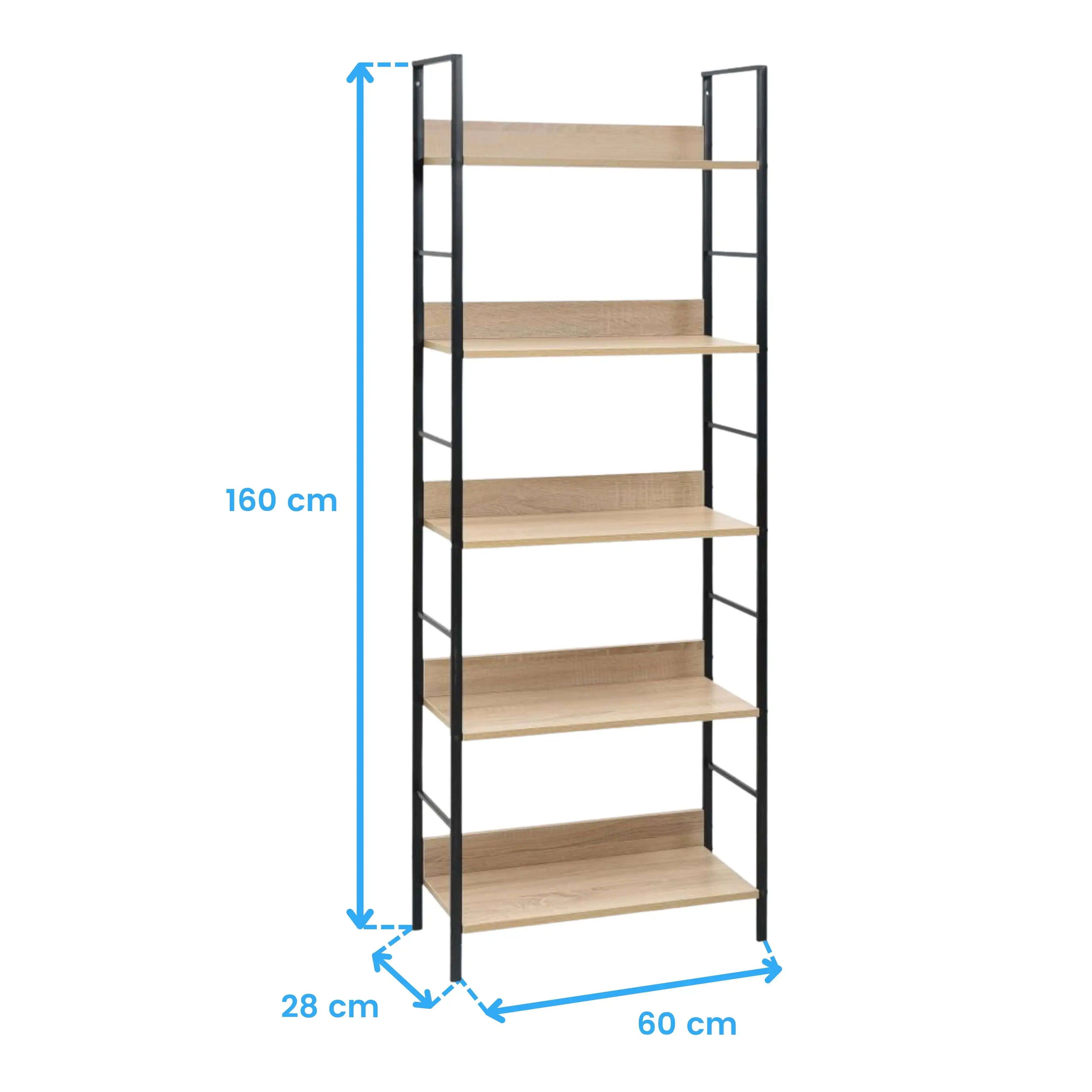 Librería Miroytengo Rubi con 5 baldas, roble cambriano y negro, 60x160x28 cm, fabricada en melamina y metal para una solución de almacenamiento moderna en la oficina o el salón.