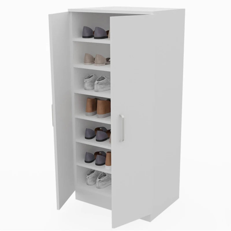 Zapatero Dormidan con 2 puertas para 21 pares, fabricado en melamina resistente, mide 50 cm de ancho, 108 cm de alto y 35 cm de profundidad, e incorpora bisagras metálicas y almohadillas antiarañazos para facilitar el acceso y proteger el suelo.