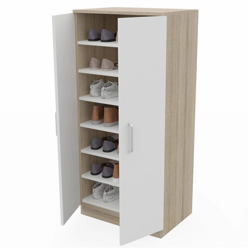 Zapatero Dormidan con 2 puertas para 21 pares, fabricado en melamina resistente, mide 50 cm de ancho, 108 cm de alto y 35 cm de profundidad, e incorpora bisagras metálicas y almohadillas antiarañazos para facilitar el acceso y proteger el suelo.