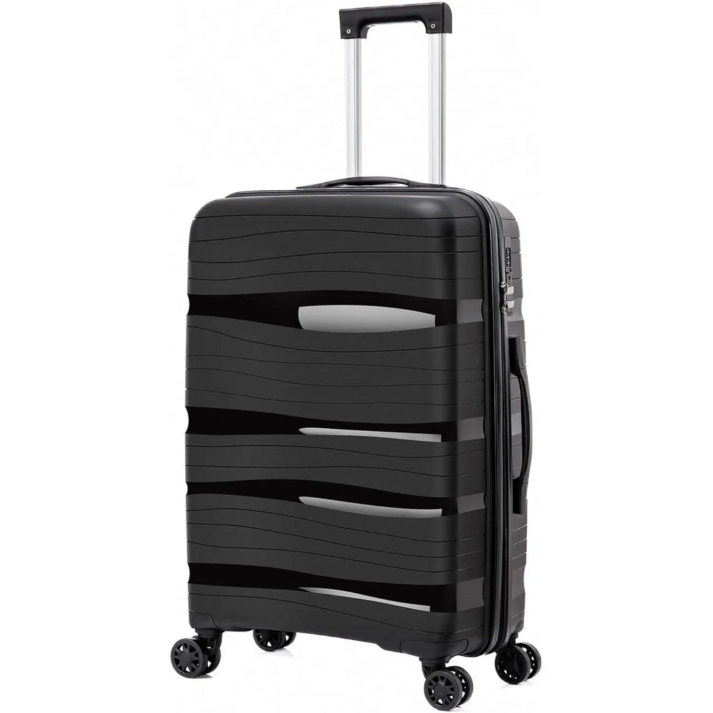 Maleta de cabina Artree: fabricada en polipropileno resistente con diseño impermeable, disponible en varios tamaños (L 75x50x32 cm, XS 48x35x20 cm) y equipada con 4 ruedas giratorias de 360°, ideal para viajes organizados.