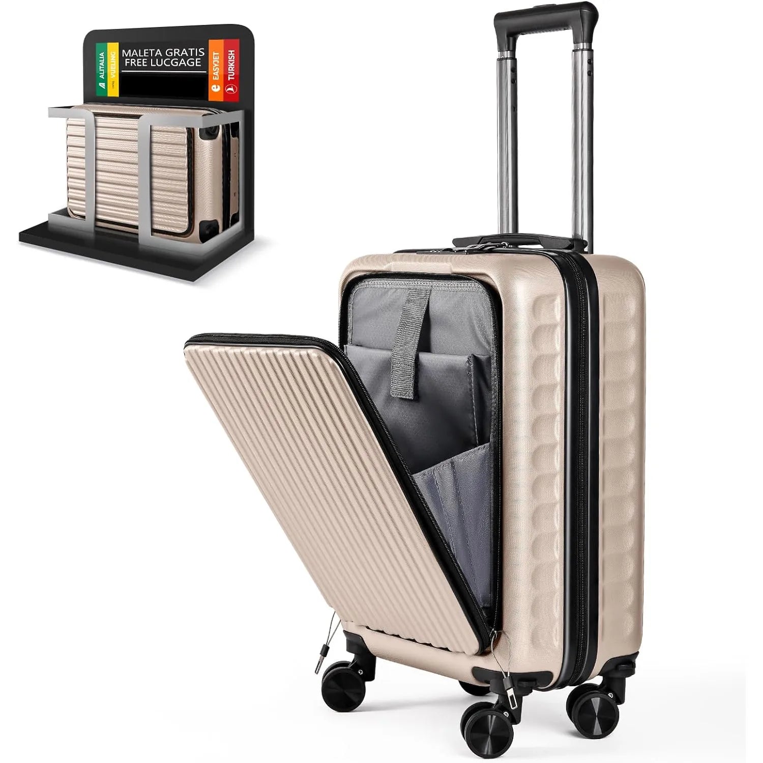 Maleta de cabina de 55x40x20 cm con ruedas extraíbles. Maleta de cabina de 52 x 37 x 20 cm. Equipaje de mano, maletas de cabina rígidas con cerradura de combinación y 4 ruedas dobles de 360° extraíbles.