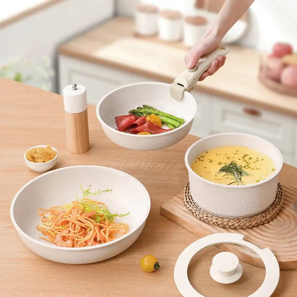 Juego de utensilios de cocina antiadherentes Almalux® con asas desmontables, 5 piezas de ollas y sartenes, revestimiento de granito ecológico, diseño apilable, compatible con inducción, apto para lavavajillas, ideal para cocinar ahorrando espacio.