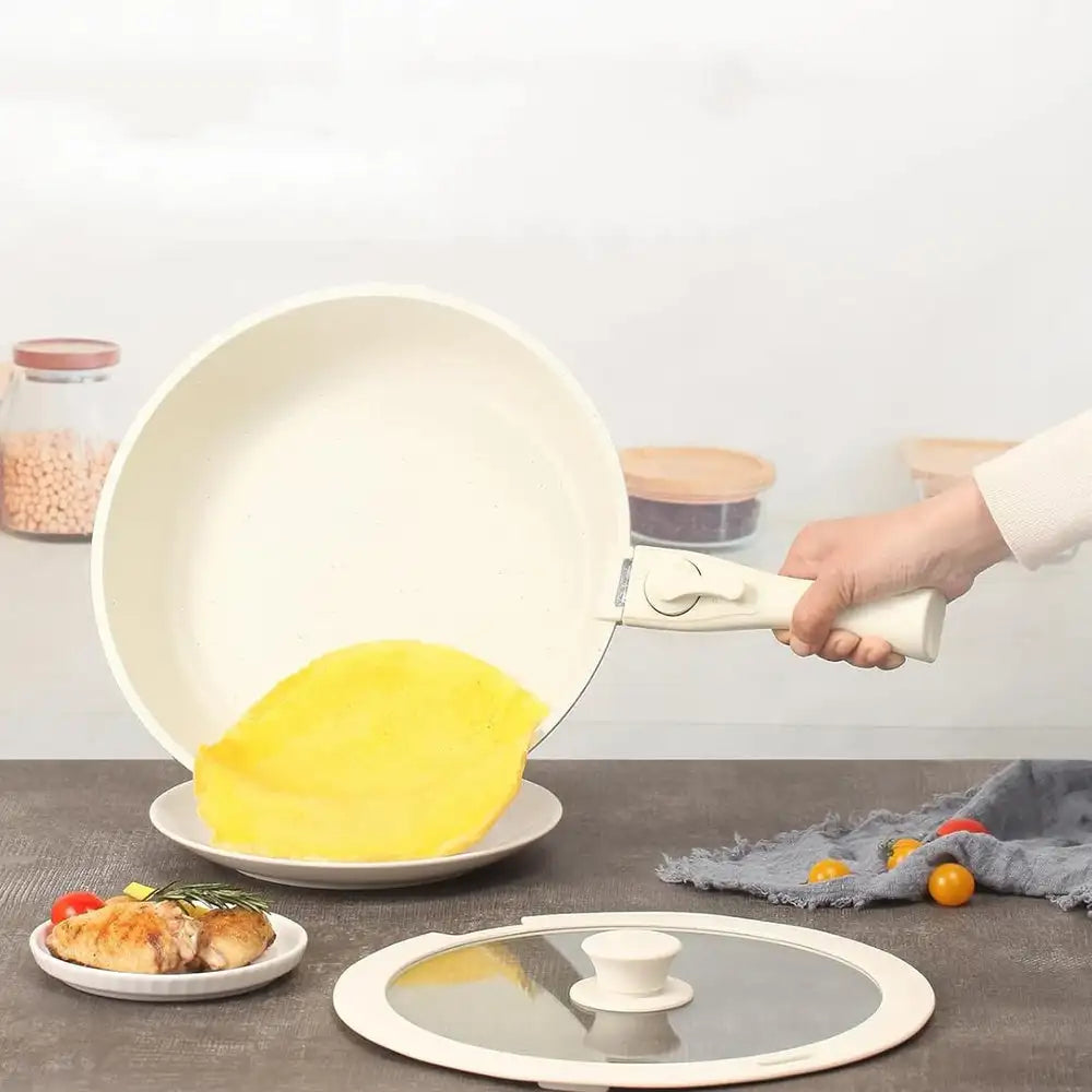 Juego de utensilios de cocina antiadherentes Almalux® con asas desmontables, 5 piezas de ollas y sartenes, revestimiento de granito ecológico, diseño apilable, compatible con inducción, apto para lavavajillas, ideal para cocinar ahorrando espacio.