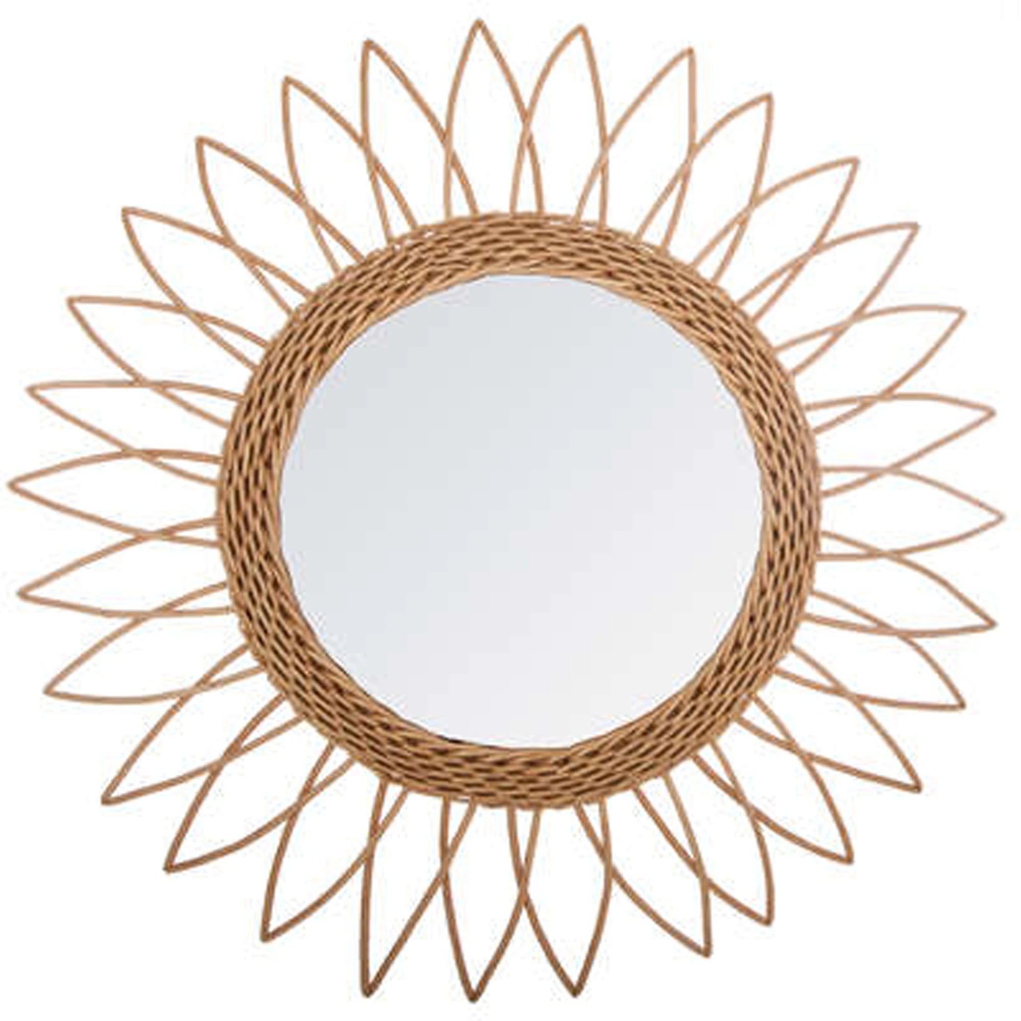 Espejo redondo Atmosphera de ratán, 50 cm de diámetro, color beige. Un espejo decorativo de pared fabricado con fibras de madera, con un diseño único inspirado en girasoles, perfecto para una decoración bohemia. Espejo ideal para decorar paredes.