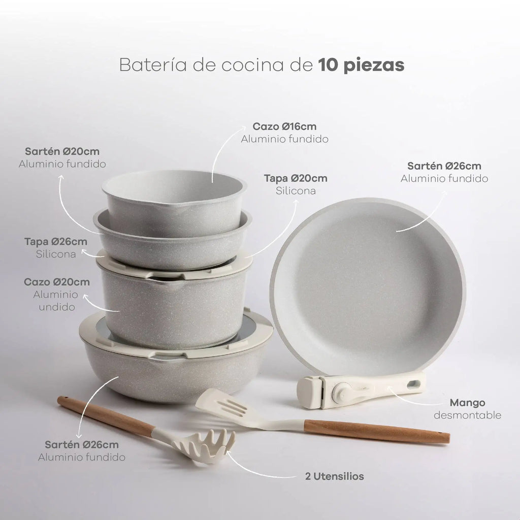10 piezas, color beige/con mango extraíble: 3 sartenes, 2 ollas, tapas y utensilios + delantal de cocina gris oscuro, 100% algodón, 75x80cm.