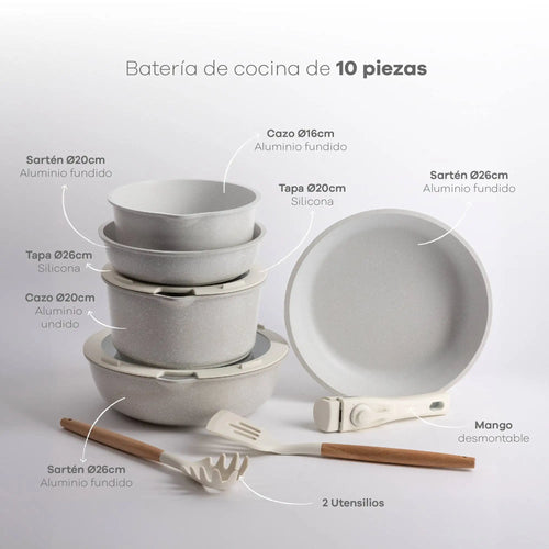 10 piezas, color beige/con mango extraíble: 3 sartenes, 2 ollas, tapas y utensilios + delantal de cocina gris oscuro, 100% algodón, 75x80cm.