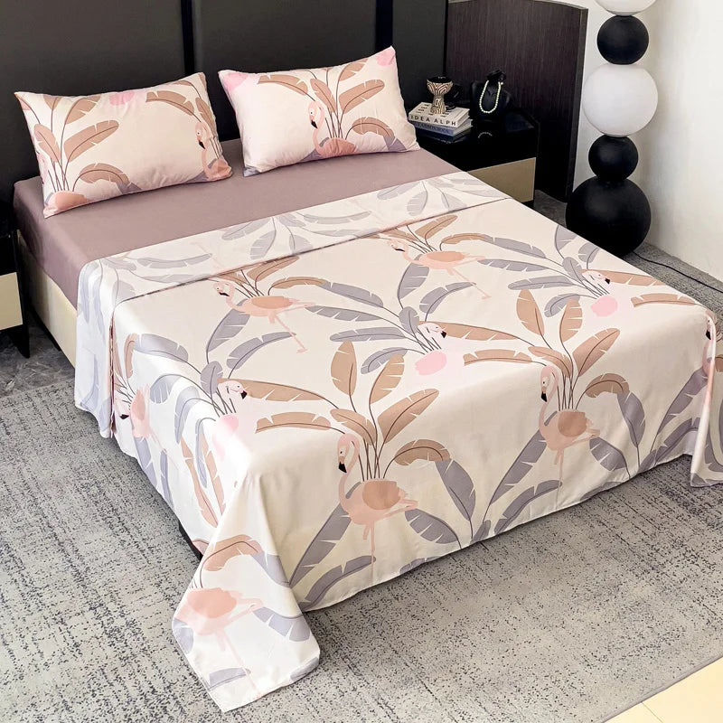 Juego de ropa de cama de 4 piezas con estampado de flamencos para camas de 135 cm/150 cm/180 cm, poliéster duradero, secado rápido, sábana bajera ajustable con bolsillo profundo para colchones de hasta 35 cm, ideal para primavera-verano de Polaristar.
