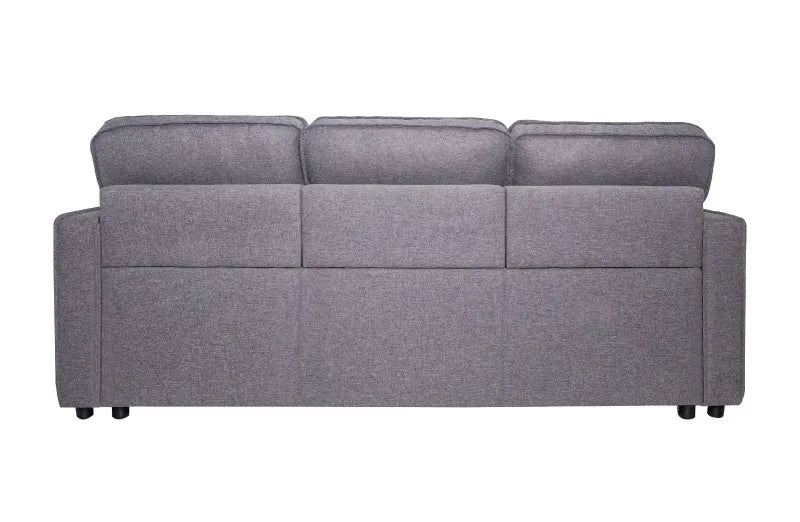 El sofá cama Dax en color gris, un cómodo y elegante sofá de 3 plazas con estructura de madera, relleno de espuma y sistema de apertura de la cama inferior extraíble, incluye dos cojines decorativos de 30x30 cm, ideal para salones modernos.