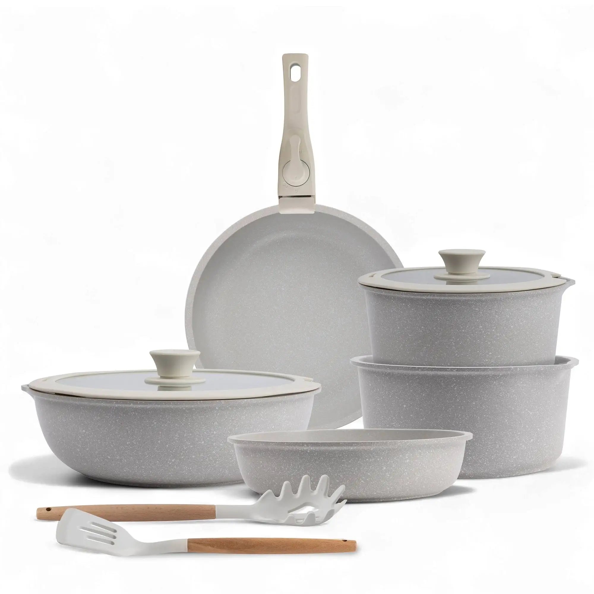 Juego de sartenes Bergner Click&Cook de 2 piezas, de Ø22 cm y Ø26 cm, con mango ergonómico desmontable, de aluminio prensado antiadherente, aptas para todo tipo de cocinas, incluida la de inducción, con diseño apilable que ahorra espacio.