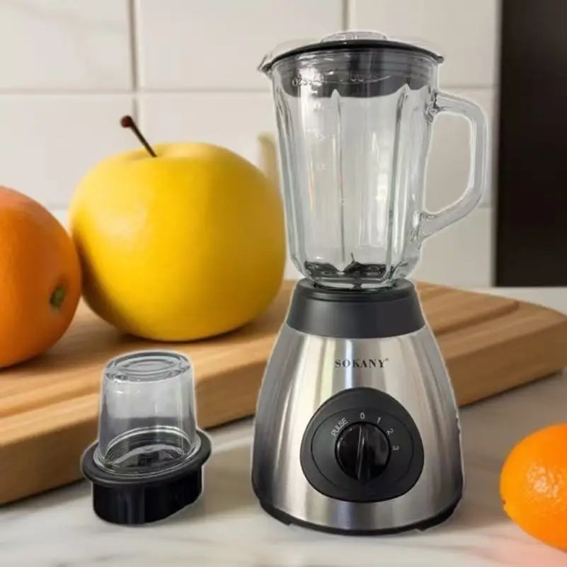 Licuadora Sokany 2 en 1 con jarra de vidrio de 1,5 L, 1300 W, acero inoxidable, 2 velocidades, capacidad para triturar hielo, ideal para batidos y sopas. Batidora eléctrica y mezcladora de alimentos para uso en la cocina.