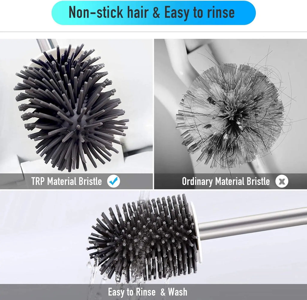 Juego de escobilla y soporte para inodoro, escobillas de silicona BIBURY con cabezal de limpieza de 360°, secado rápido y diseño higiénico, paquete de 2, cerdas suaves y flexibles para una limpieza eficaz del baño, blanco y gris.