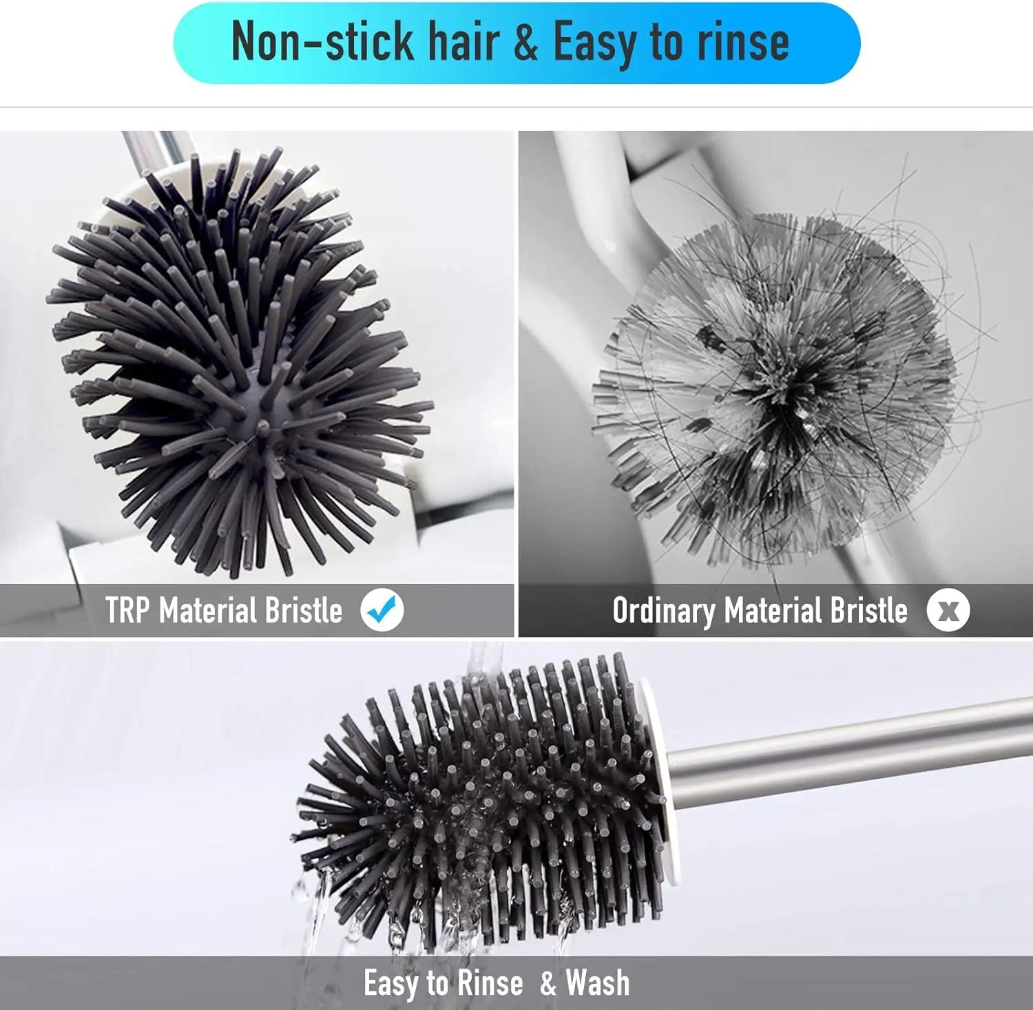 Juego de escobilla y soporte para inodoro, escobillas de silicona BIBURY con cabezal de limpieza de 360°, secado rápido y diseño higiénico, paquete de 2, cerdas suaves y flexibles para una limpieza eficaz del baño, blanco y gris.