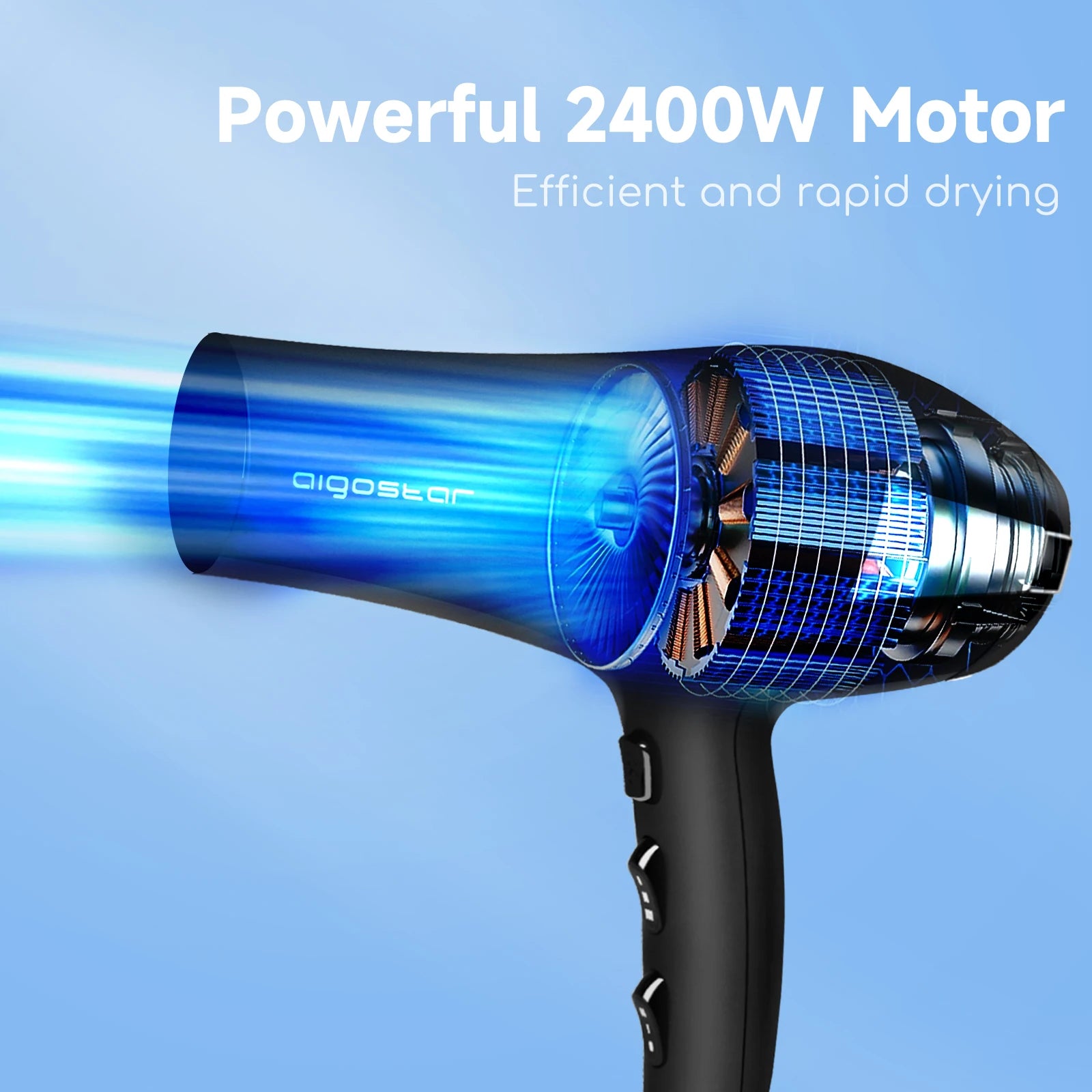 Secador de pelo iónico profesional AIGOSTAR, 2400 W con 2 velocidades y 3 ajustes de temperatura, incluye difusor y boquilla concentradora, protección contra sobrecalentamiento para un secado rápido y un potente flujo de aire de hasta 56,88 km/h.