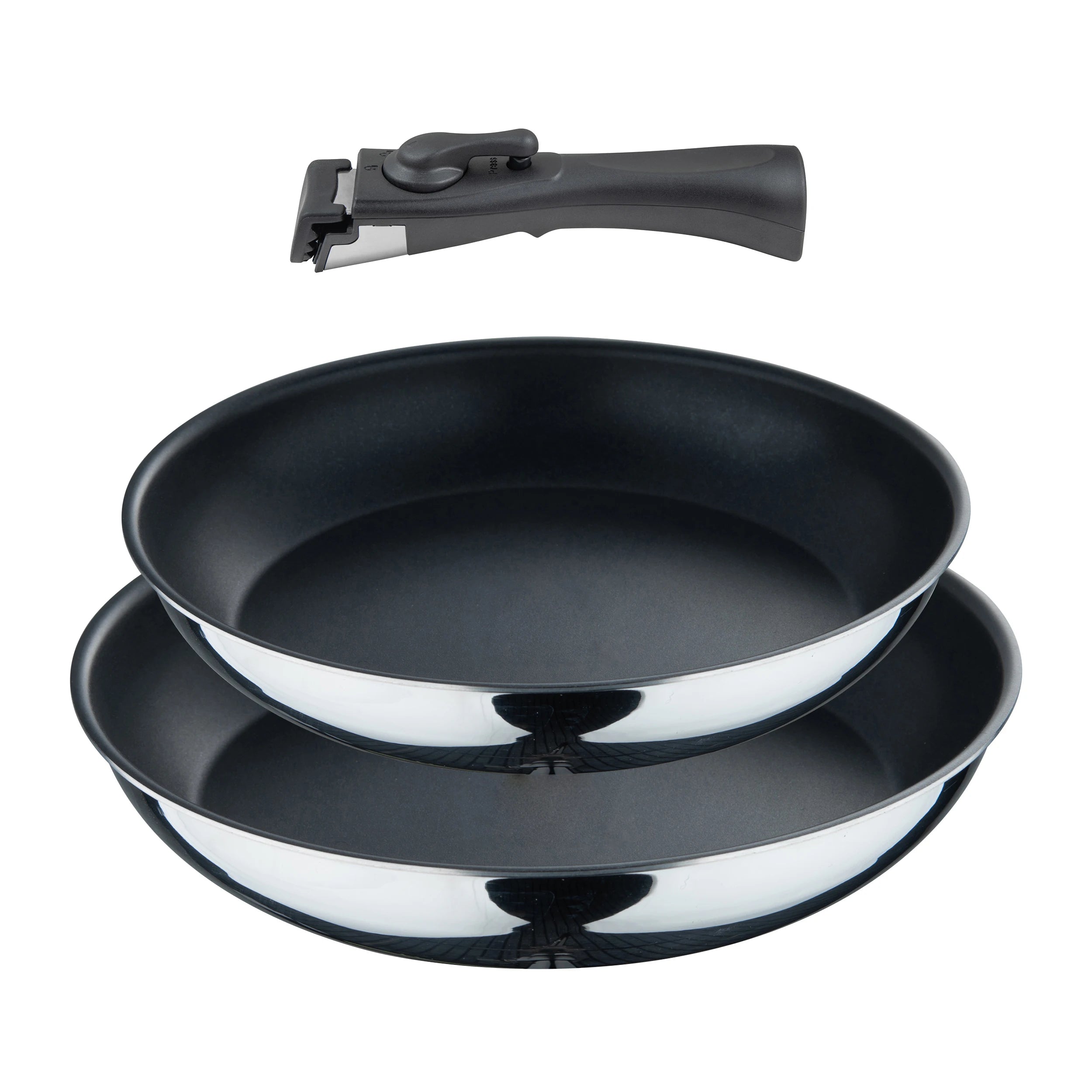 Juego de sartenes Bergner Click&Cook de 2 piezas, de Ø22 cm y Ø26 cm, con mango ergonómico desmontable, de aluminio prensado antiadherente, aptas para todo tipo de cocinas, incluida la de inducción, con diseño apilable que ahorra espacio.