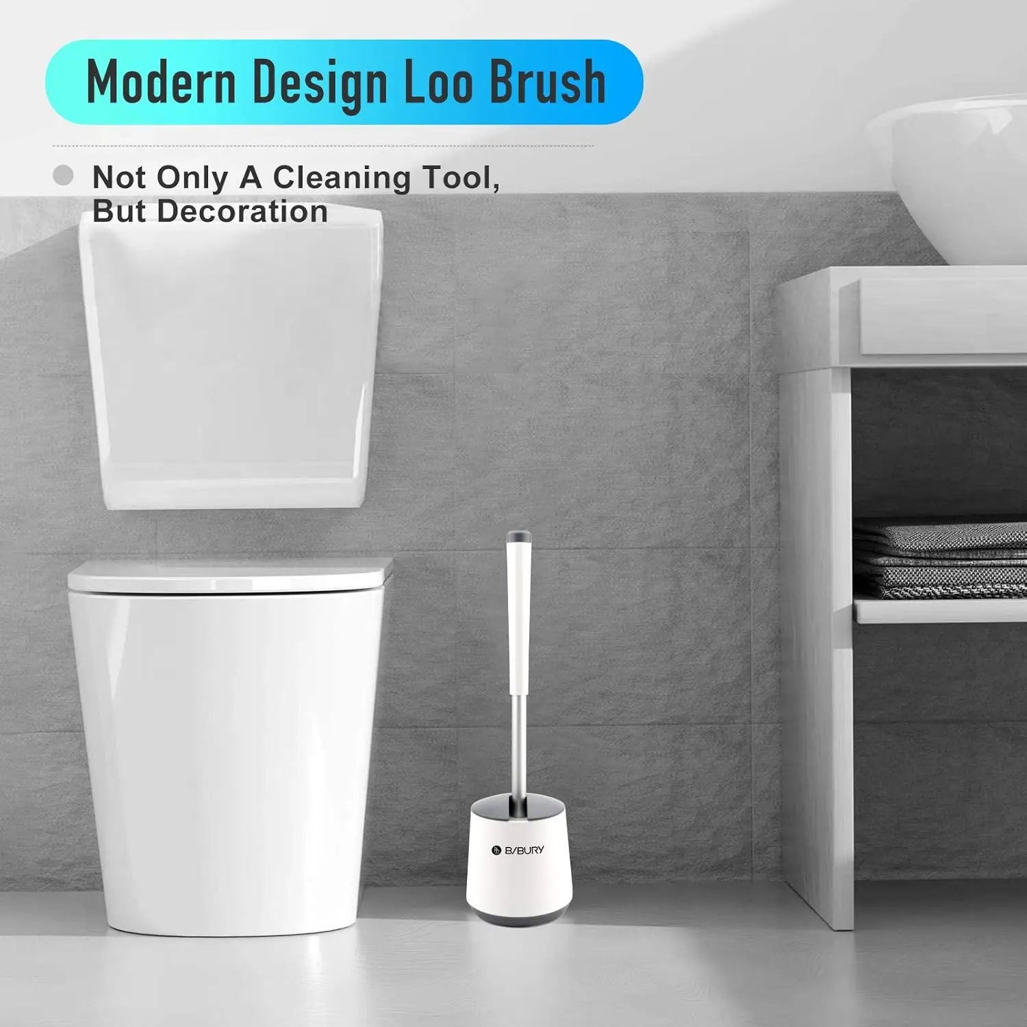 Juego de escobilla y soporte para inodoro, escobillas de silicona BIBURY con cabezal de limpieza de 360°, secado rápido y diseño higiénico, paquete de 2, cerdas suaves y flexibles para una limpieza eficaz del baño, blanco y gris.