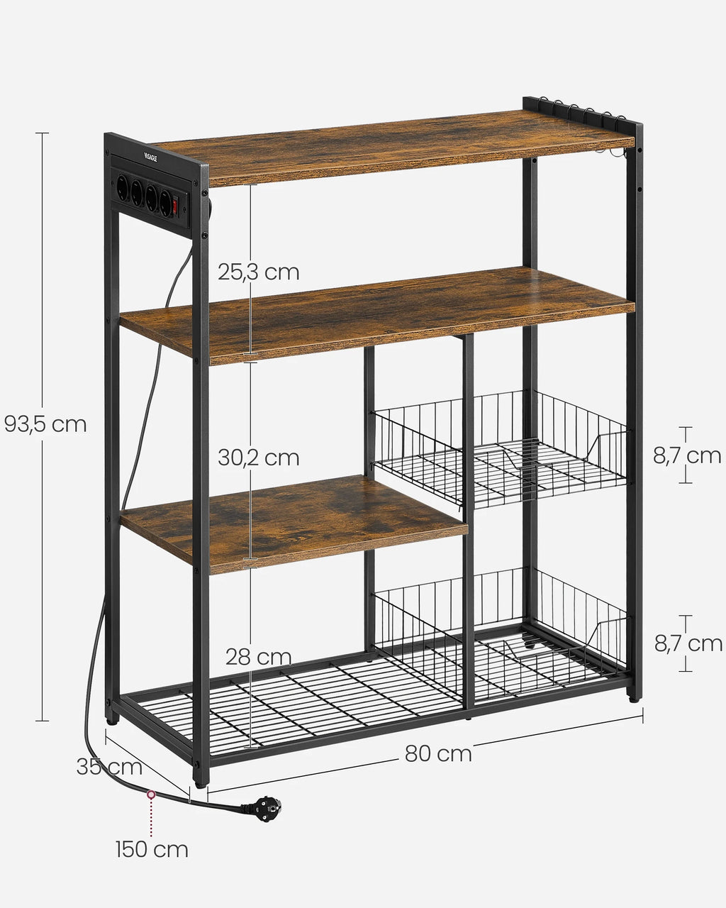 Estantería de cocina Vasagle con 2 cestas de malla, estante para microondas, estación de carga, con estantes y ganchos, 35 x 80 x 93,5 cm, estilo industrial, marrón rústico y tinta negra/greige mélange y tinta negra