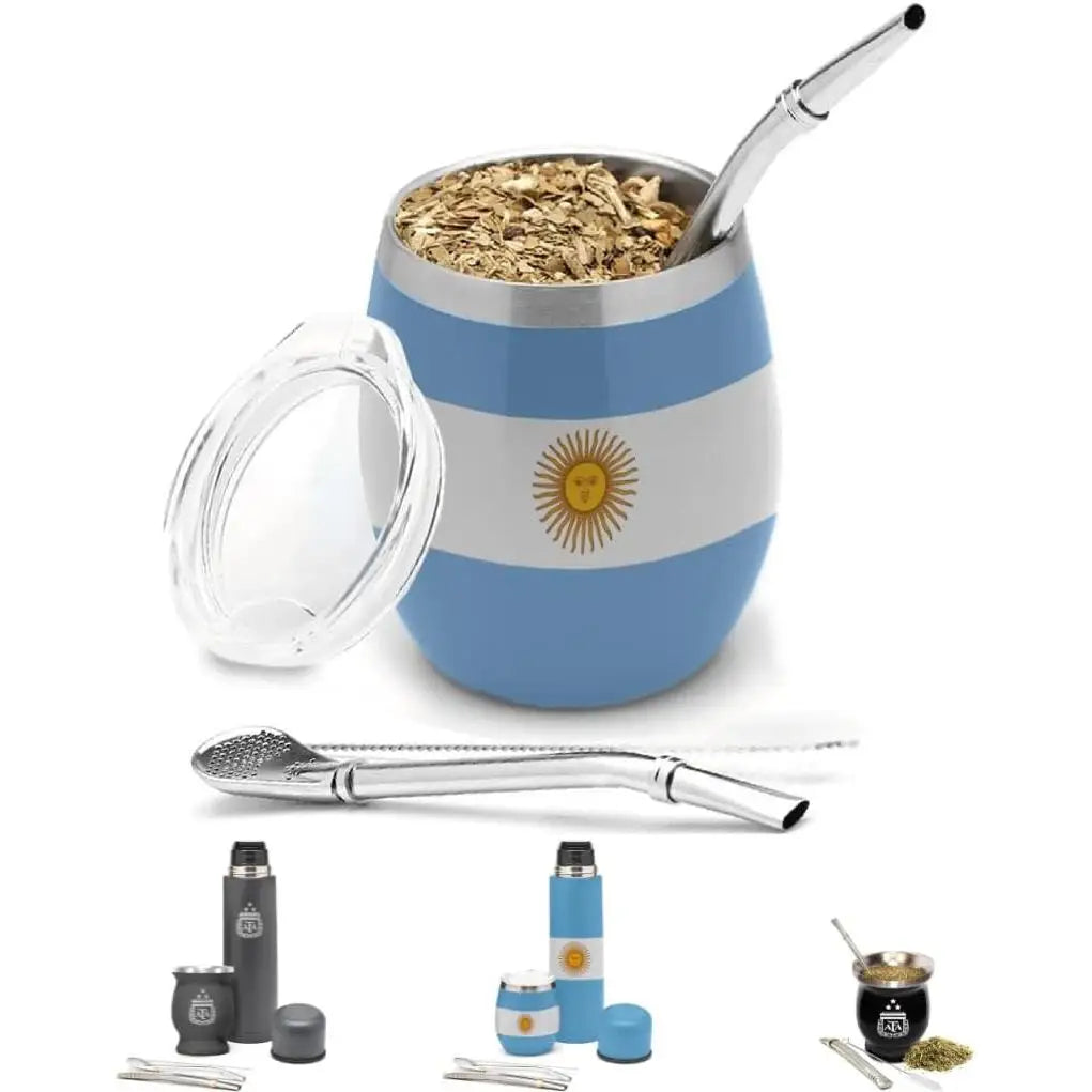 Aurum® Mate Argentino, set moderno completo con yerba mate, bombilla y calabaza, con termo de acero inoxidable para agua caliente. Ideal para disfrutar del mate tradicional en cualquier lugar, perfecto para compartir.