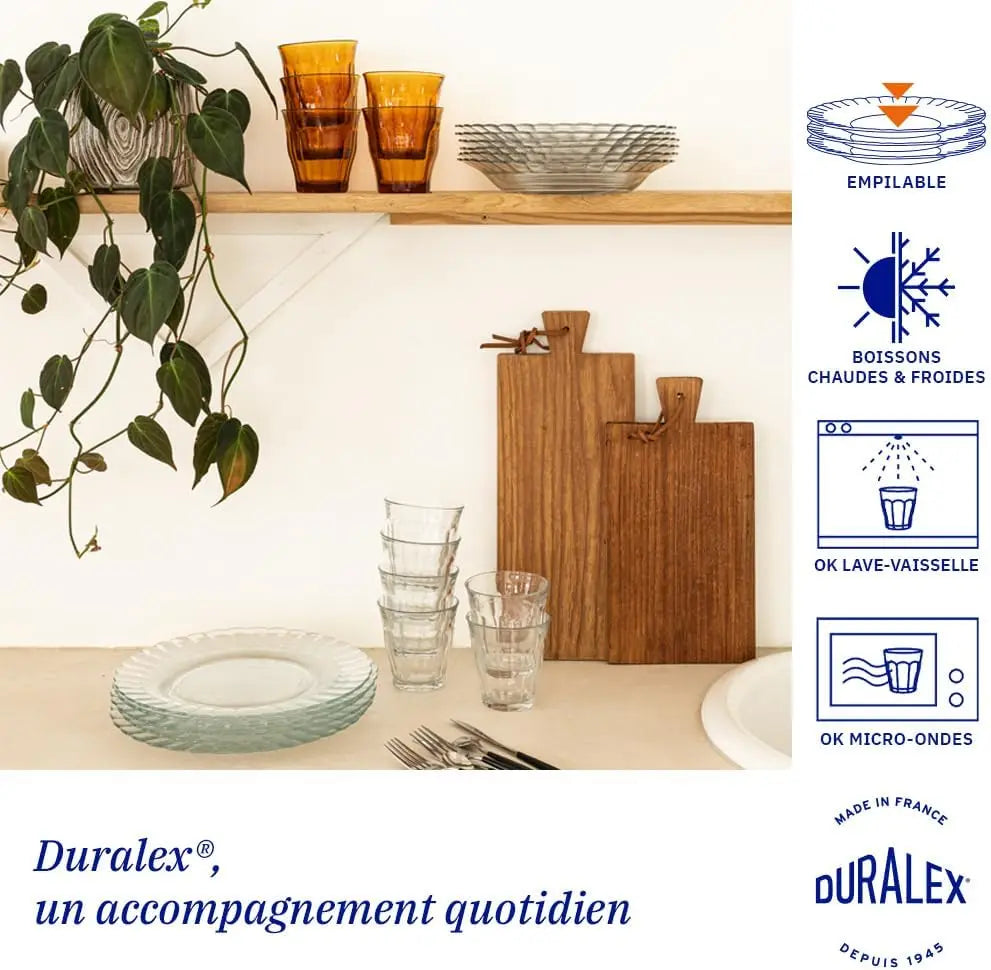 Juego de vajilla Duralex Picardie - Platos de alta calidad que incluyen platos hondos (Ø 23 cm), platos llanos (Ø 26 cm), platos de postre (Ø 20,5 cm), aptos para microondas y lavavajillas, disponibles en transparente, ámbar o azul claro, 12/18/