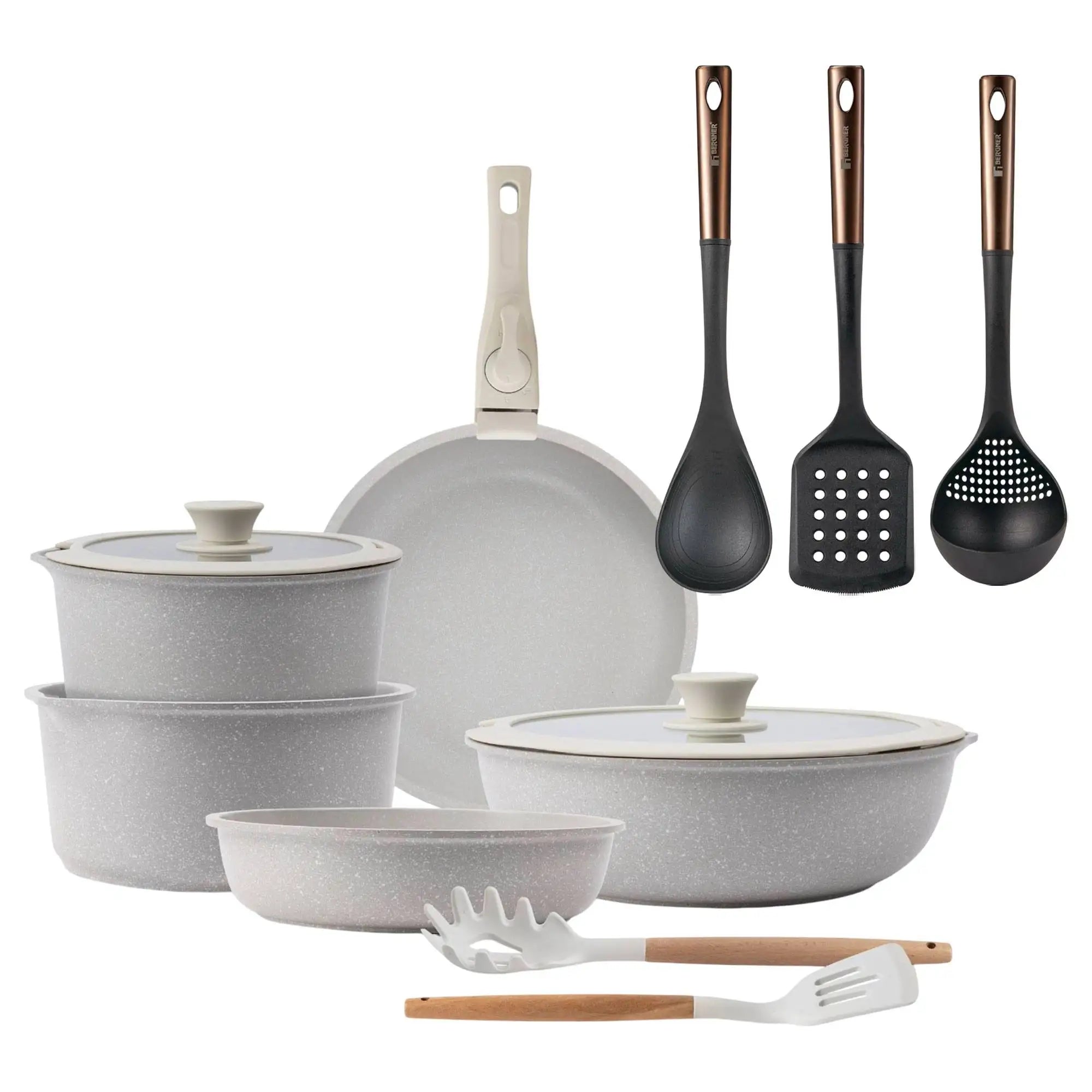 10 piezas, color beige/con mango extraíble: 3 sartenes, 2 ollas, tapas y utensilios + delantal de cocina gris oscuro, 100% algodón, 75x80cm.