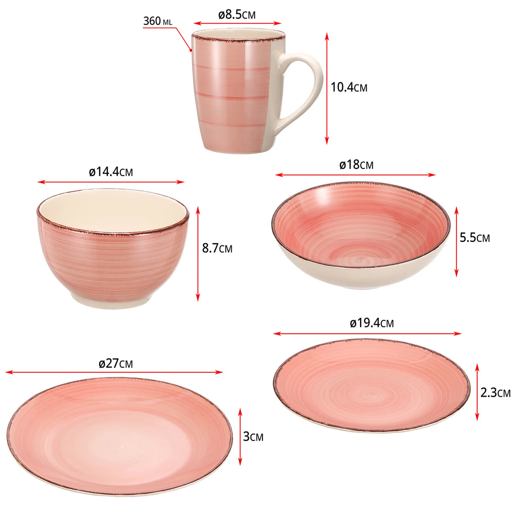 Juego de vajilla de cerámica rosa nórdico para 5 personas, incluye platos, cuencos y taza, apto para microondas y perfecto para regalar.