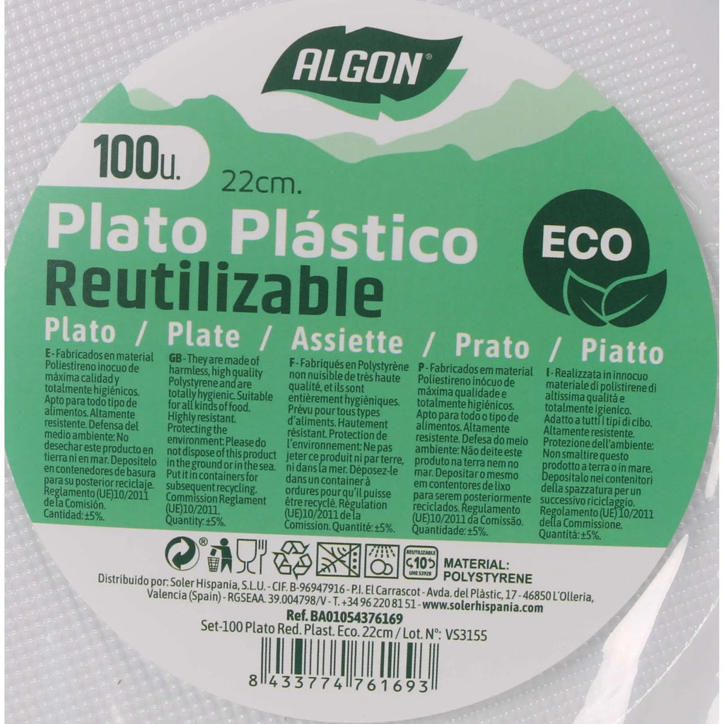 Juego de vajilla Algon, 100 unidades, 22 cm, cartón ecológico blanco, resistente y práctico, ideal para eventos y celebraciones, biodegradable.