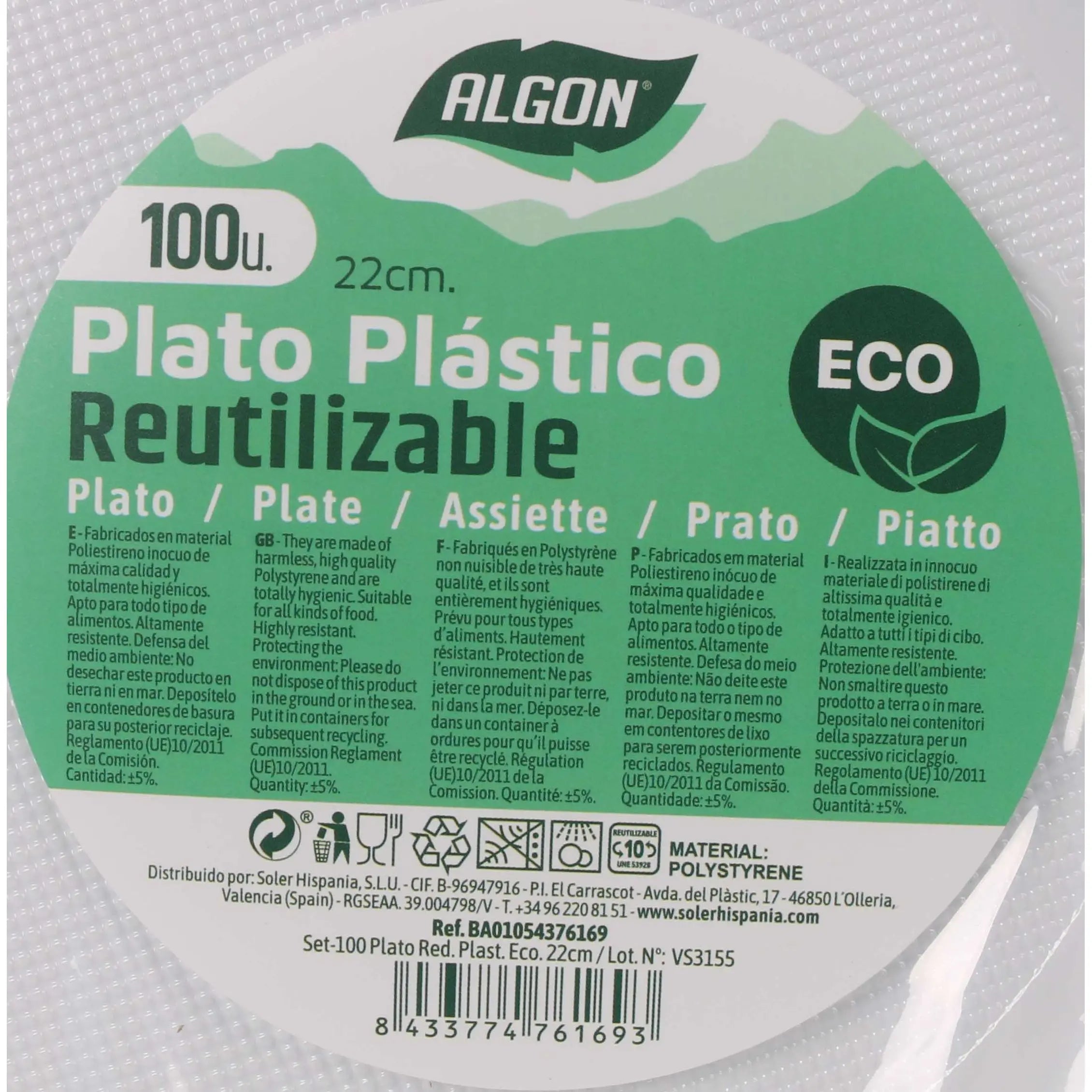 Juego de vajilla Algon, 100 unidades, 22 cm, cartón ecológico blanco, resistente y práctico, ideal para eventos y celebraciones, biodegradable.